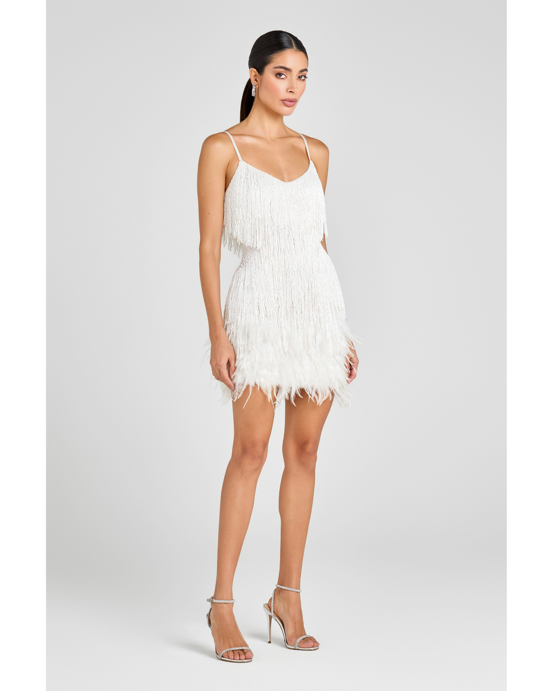 White fringed mini dress with spaghetti straps and V-neckline — Nadine Merabi | Endless UAE