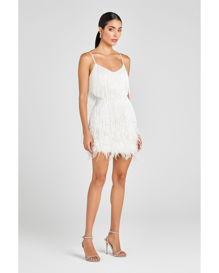 White fringed mini dress with spaghetti straps and V-neckline — Nadine Merabi | Endless UAE