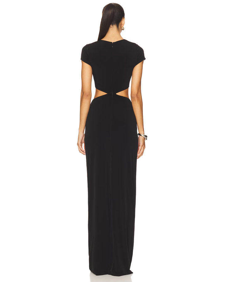 Black cutout maxi gown with short sleeves and sheer chest detail — NBD | Endless UAE