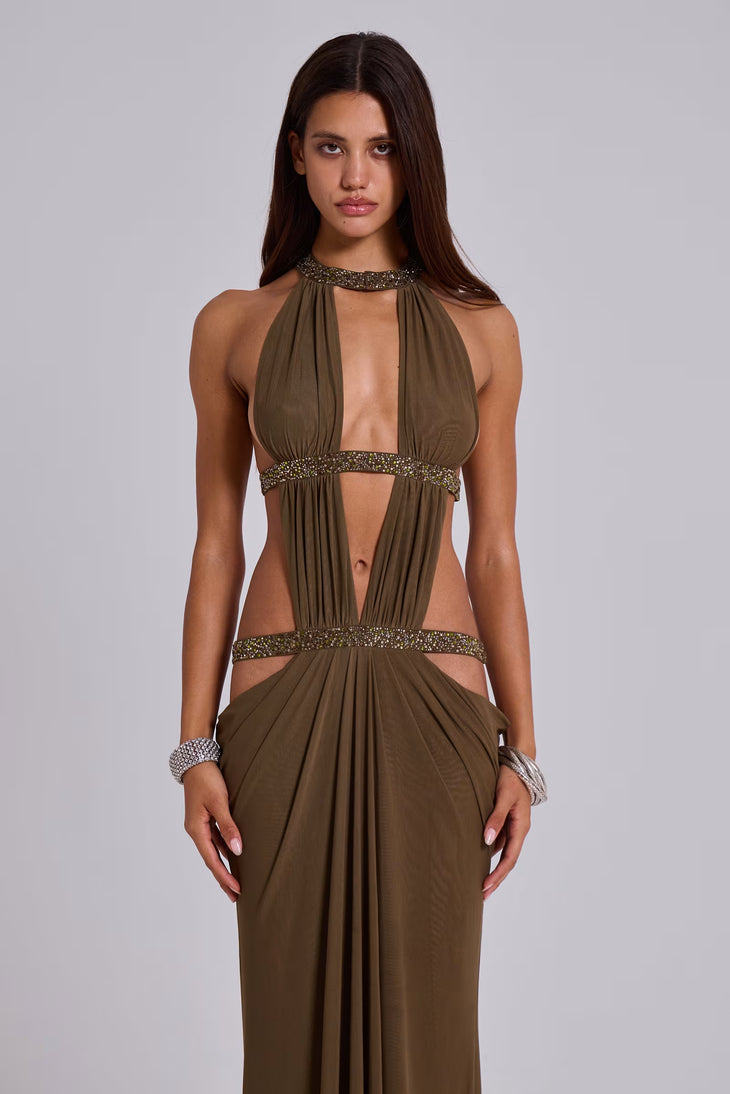 6AM Cut Out Maxi Dress in Moss with embellished straps — Jaded London | Endless UAE