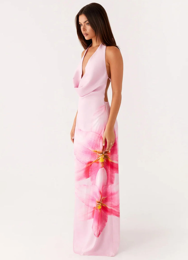 Pink cowl neck sleeveless maxi dress with floral print detail — Peppermayo | Endless UAE