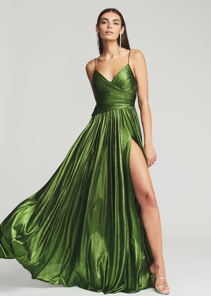 Green metallic pleated wrap dress with spaghetti straps and high slit — Retrofete | Endless UAE