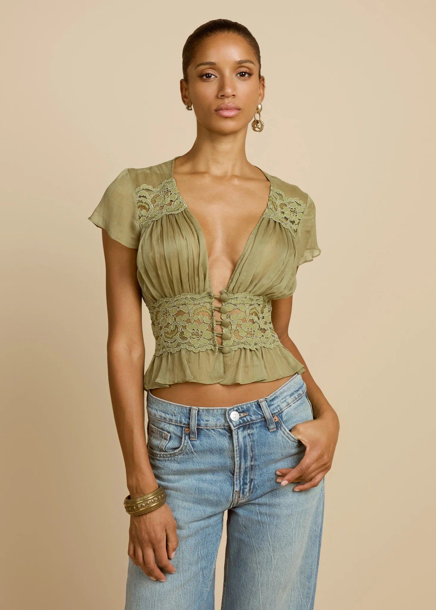 Sabrina Top in sage with lace detailing and ruched front — Arcina Ori | Endless UAE