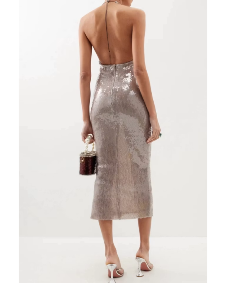 Sequinned halter midi dress with keyhole cutout detail in silver — 16Arlington | Endless UAE
