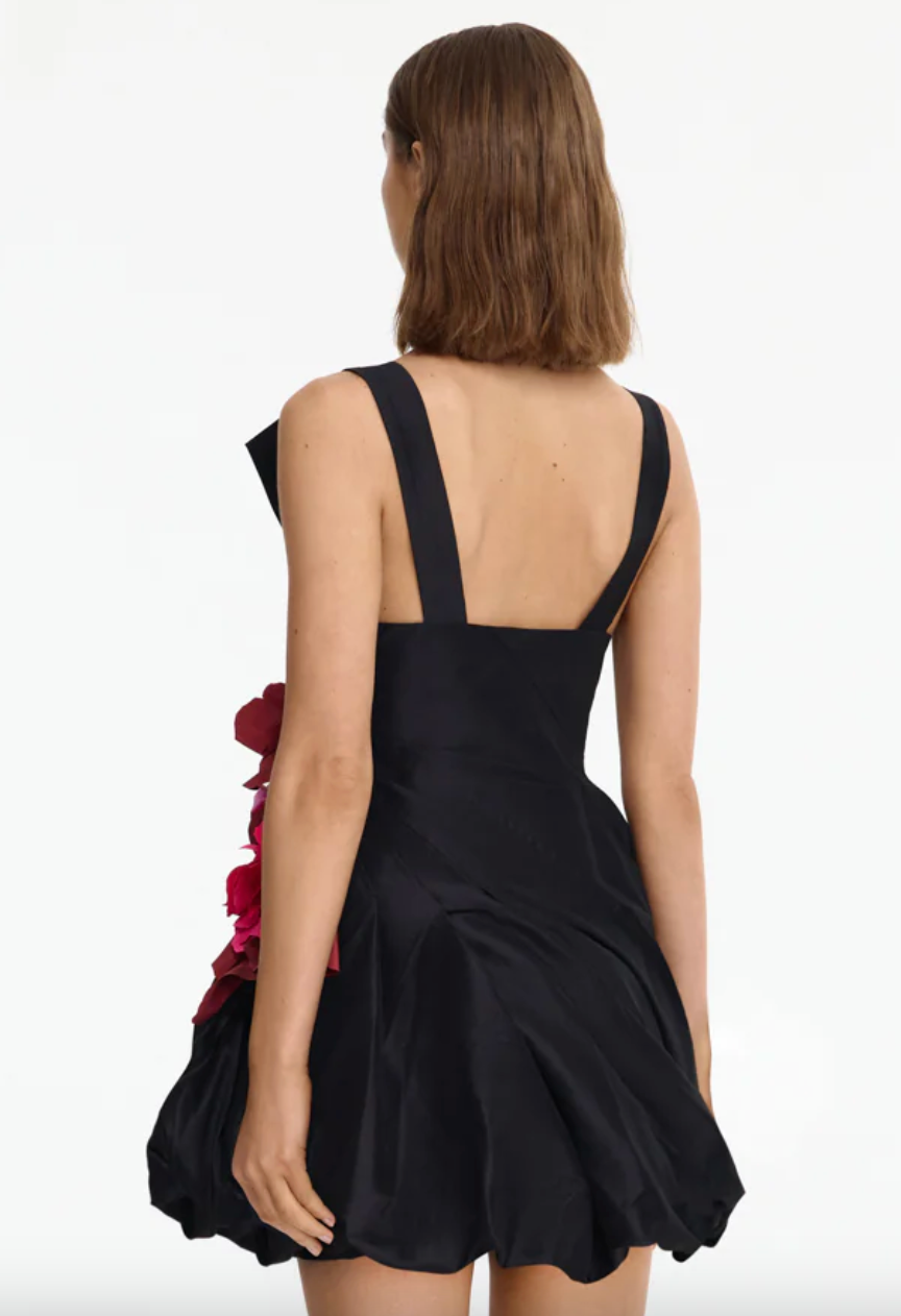 Black sleeveless mini dress with red floral embellishment at waist — Acler | Endless UAE