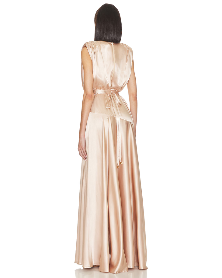 Champagne satin gown with twisted bodice and high slit skirt — Bronx & Banco | Endless UAE