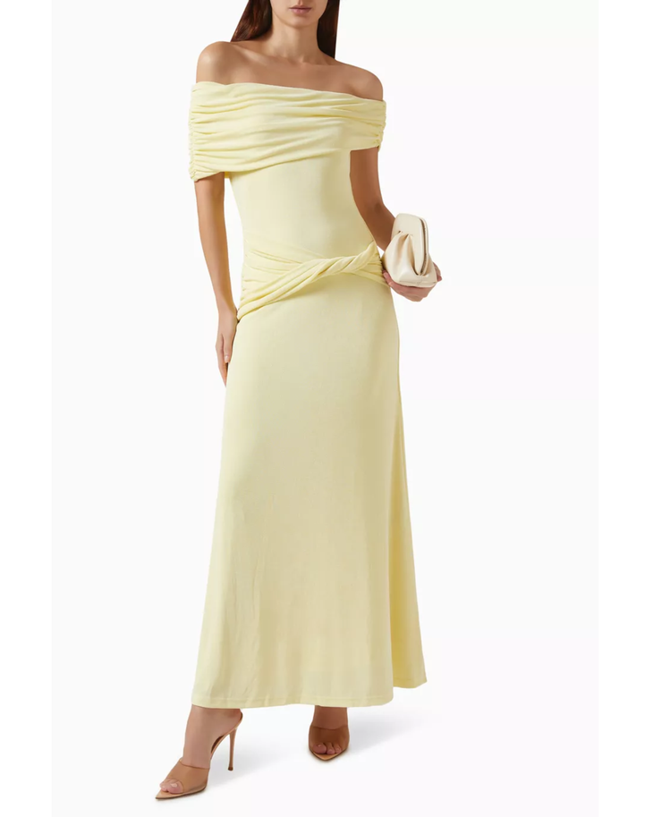 Yellow off-shoulder maxi dress with ruched detailing and short sleeves — Mossman | Endless UAE