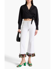 White cotton-blend kick-flare pants with colorful fringe trim at hem — Emilio Pucci | Endless UAE