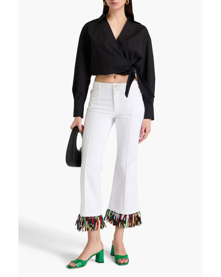 White cotton-blend kick-flare pants with colorful fringe trim at hem — Emilio Pucci | Endless UAE