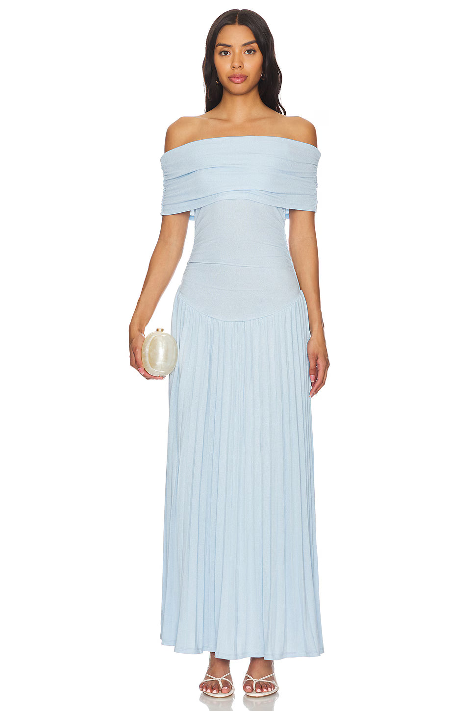 Light blue off-shoulder pleated maxi dress with ruched detailing — Lioness | Endless UAE