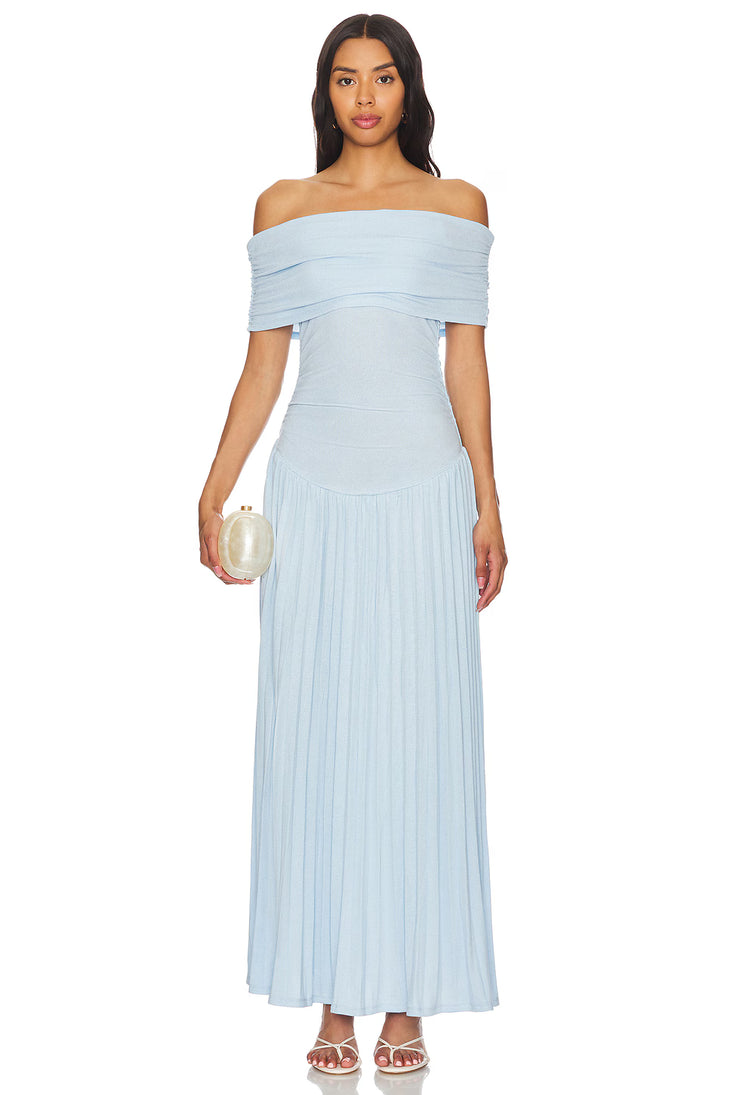 Light blue off-shoulder pleated maxi dress with ruched detailing — Lioness | Endless UAE