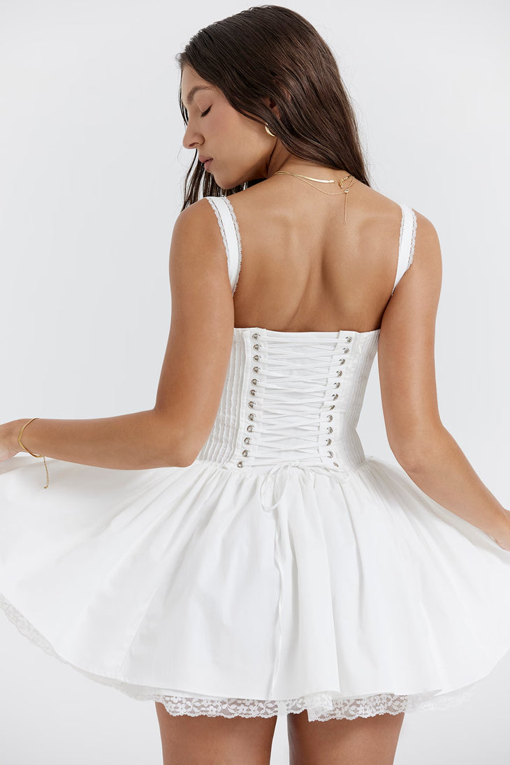 White corset mini dress with square neckline and lace trim — House of CB | Endless UAE
