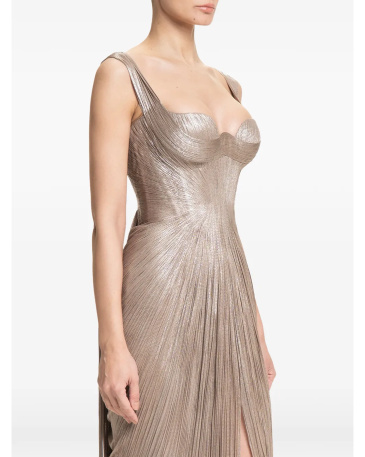Anais pleated maxi dress in taupe with sweetheart neckline and side slit — Maria Lucia Hohan | Endless UAE