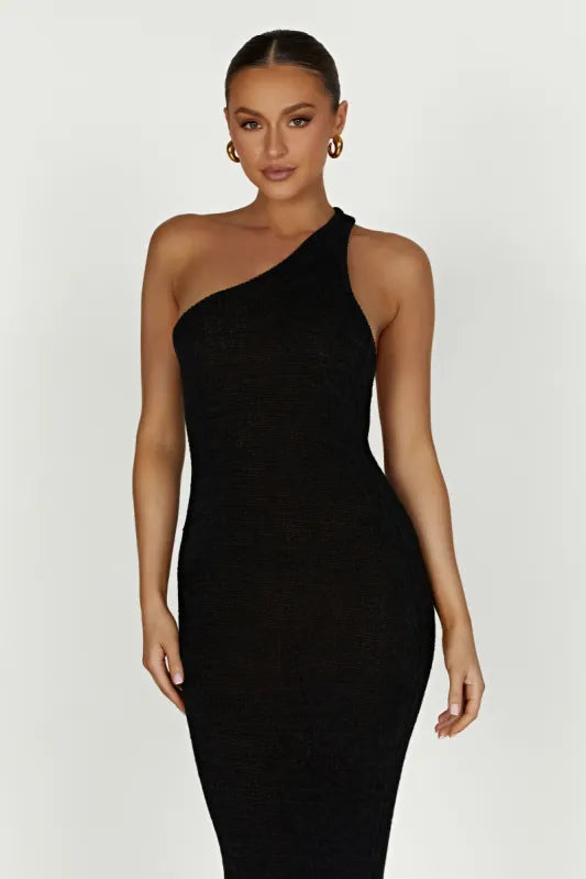 Woman wearing a black one-shoulder knit maxi dress — Meshki | Endless UAE
