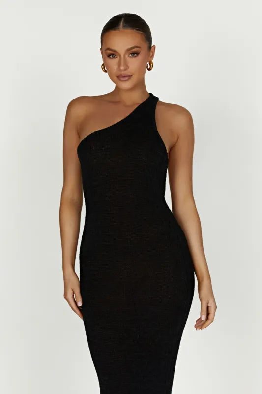 Woman wearing a black one-shoulder knit maxi dress — Meshki | Endless UAE