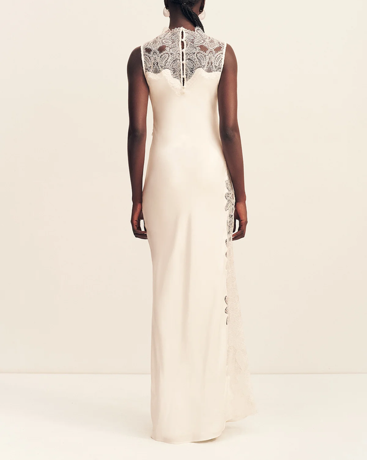 Stratus Sheer Lace High Neck Maxi Dress in cream with intricate lace detailing — Shona Joy | Endless UAE
