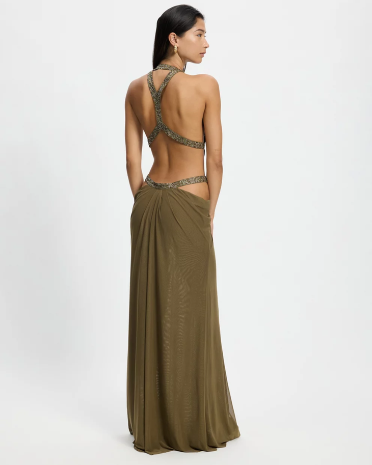 Olive green halter maxi dress with beaded cutout details and draped skirt — Jaded London | Endless UAE