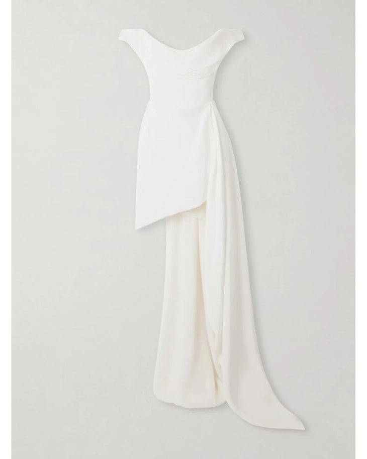 White asymmetric draped silk-cady mini dress with off-shoulder neckline — Vivienne Westwood | Endless UAE