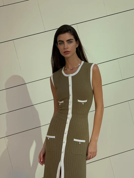 Pearl Knit Dress in Olive with cream trim and pocket details — Marble | Endless UAE
