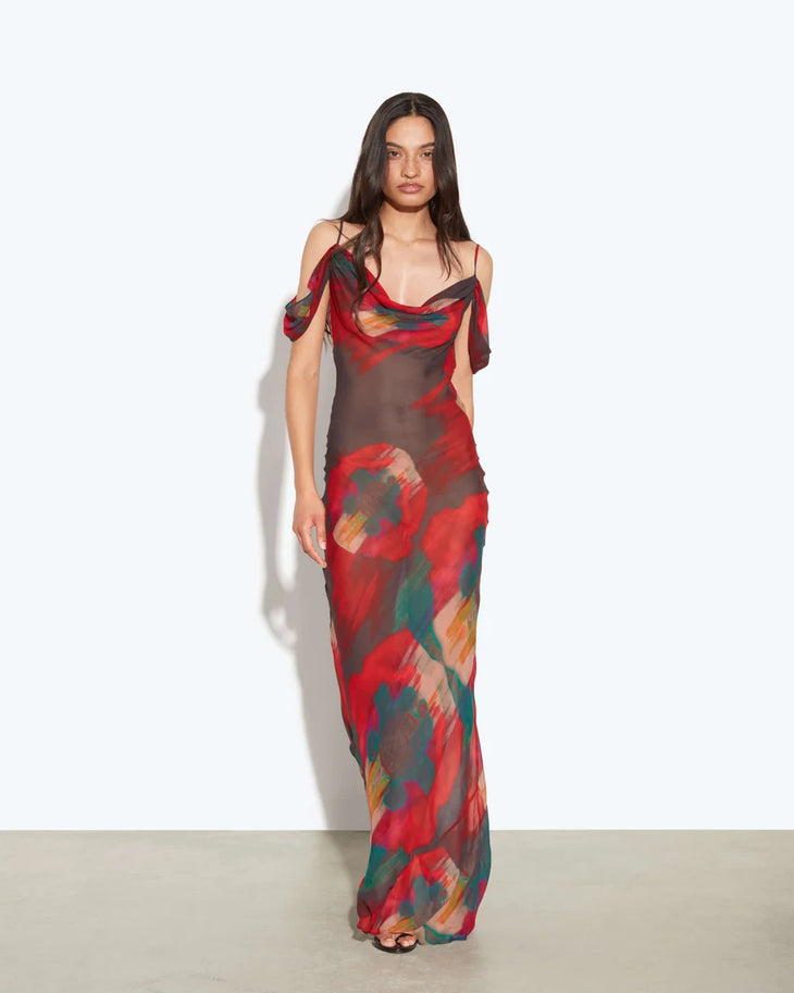 Adriana multicolored abstract print maxi dress with cold shoulder sleeves — Rat & Boa | Endless UAE