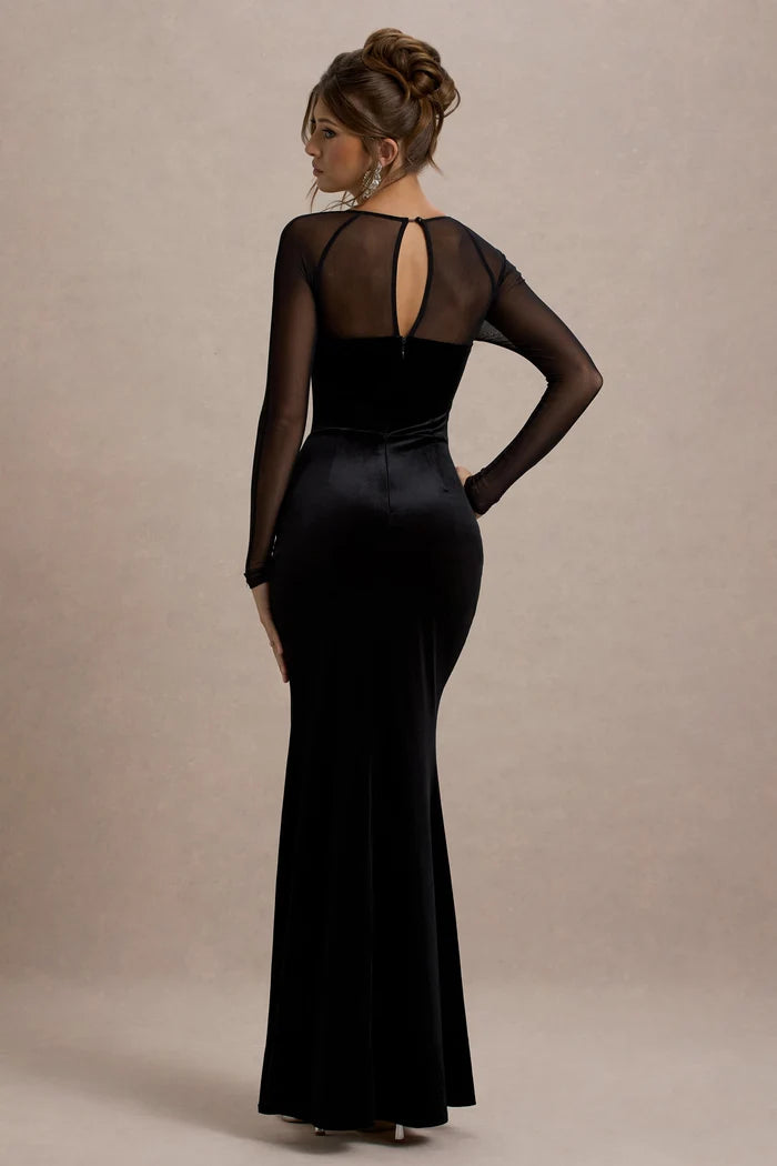 Black velvet maxi dress with embellished neckline and long sheer sleeves — Club L London | Endless UAE