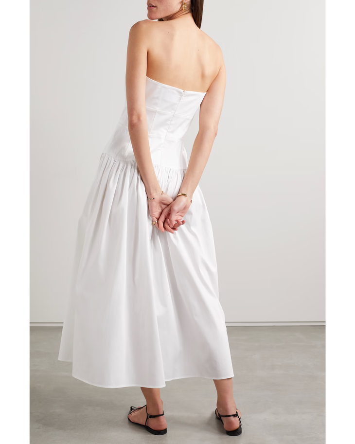 White strapless gathered cotton-blend midi dress with ruched neckline — Tove | Endless UAE