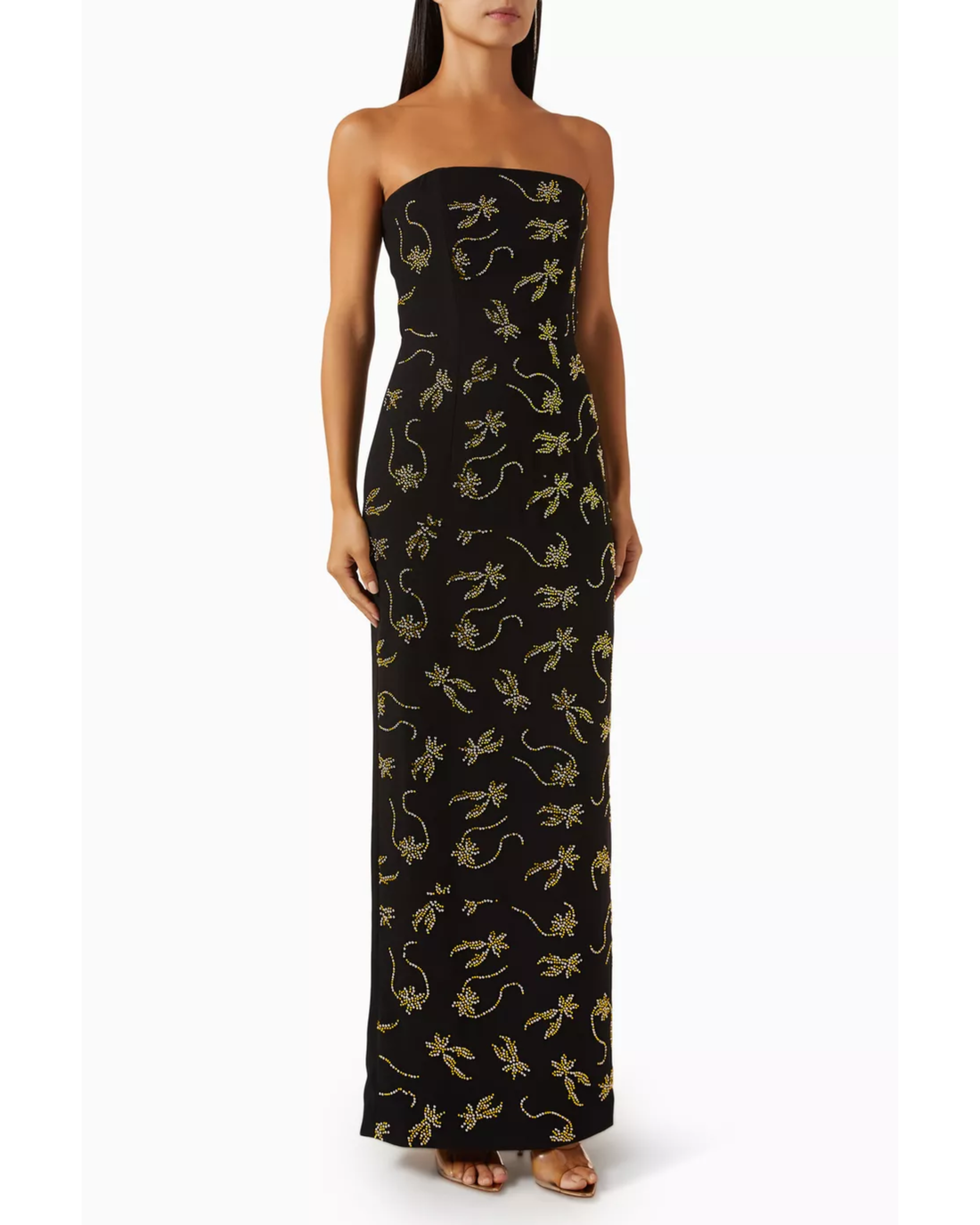 Black strapless gown with gold crystal-embellished floral and leaf pattern throughout — 16Arlington | Endless UAE
