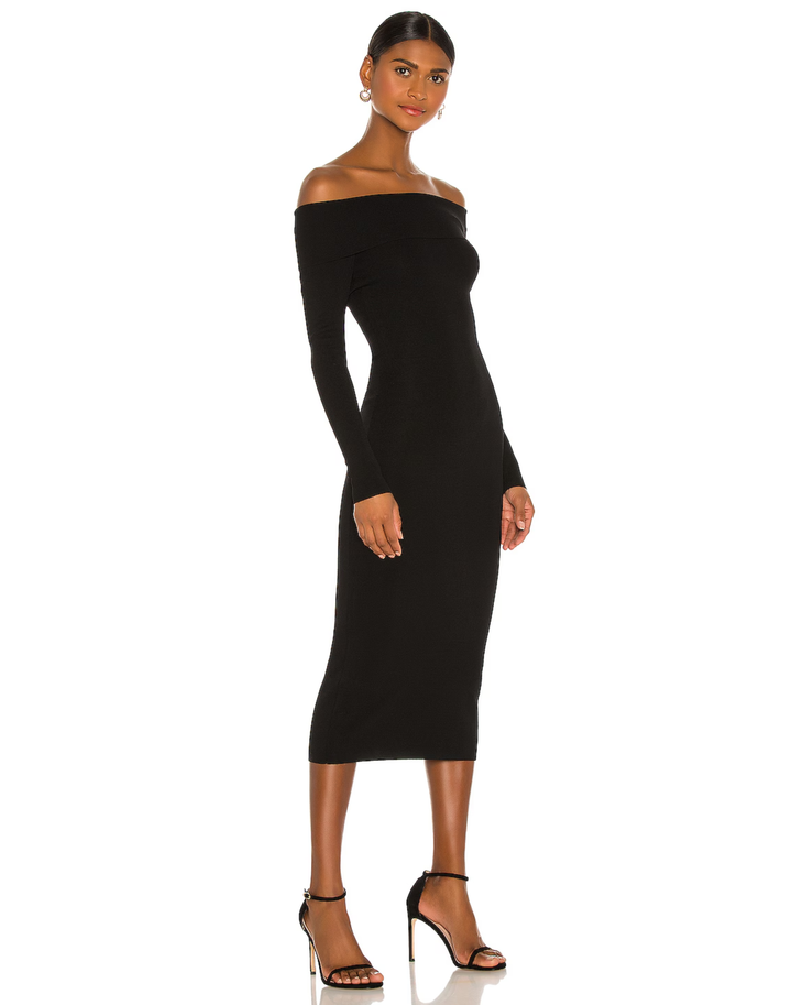 Black off-shoulder knit midi dress with long sleeves on model — Bardot | Endless UAE