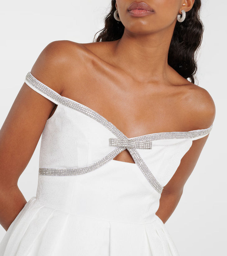 White off-shoulder crêpe mini dress with embellished details — Self-Portrait | Endless UAE