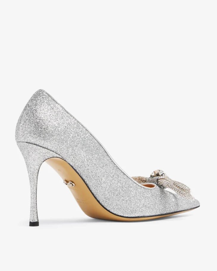 Silver glitter pointed-toe pump with crystal bow embellishment — Mach & Mach | Endless UAE