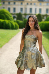 Gold sequin sleeveless mini dress with sweetheart neckline and pleated skirt — Mayka | Endless UAE