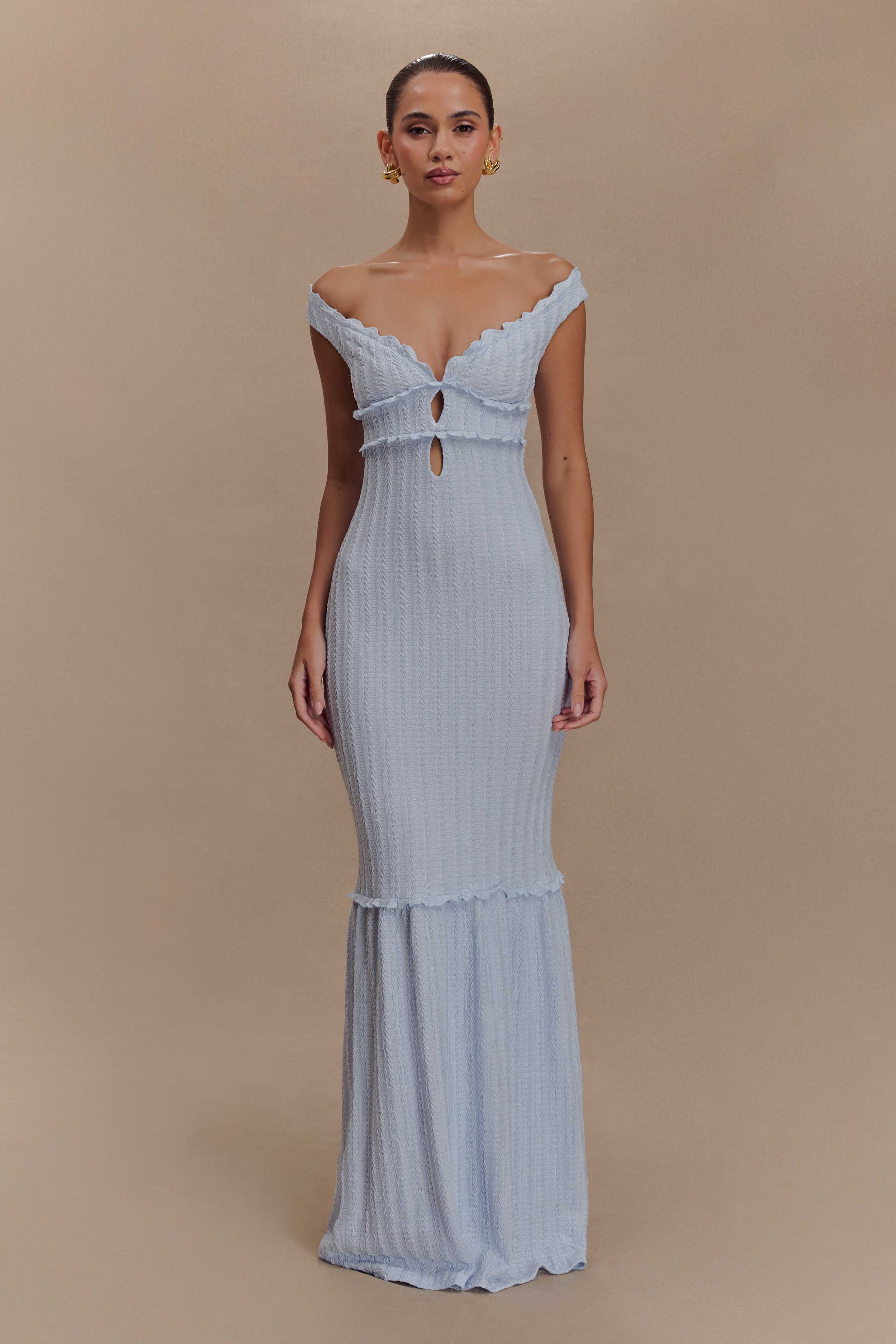 Natalie Off Shoulder Maxi Dress in light blue with ruched texture and cutout detail — Meshki | Endless UAE
