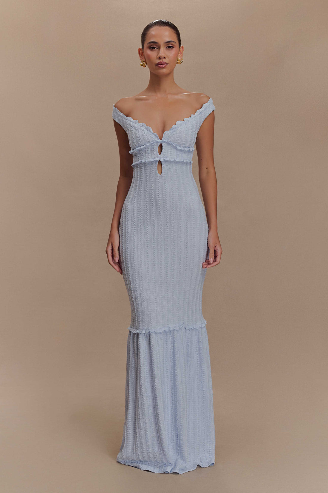 Natalie Off Shoulder Maxi Dress in light blue with ruched texture and cutout detail — Meshki | Endless UAE