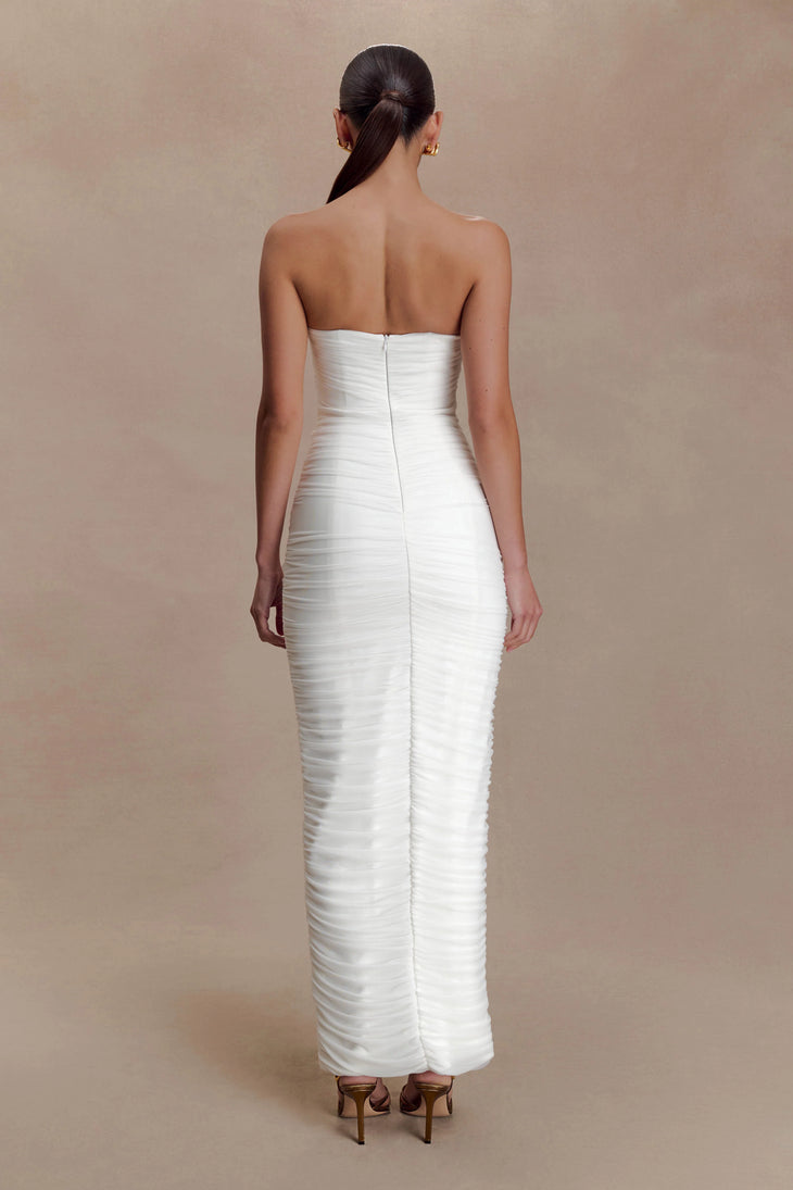White strapless ruched mesh maxi dress with fitted silhouette — Meshki | Endless UAE