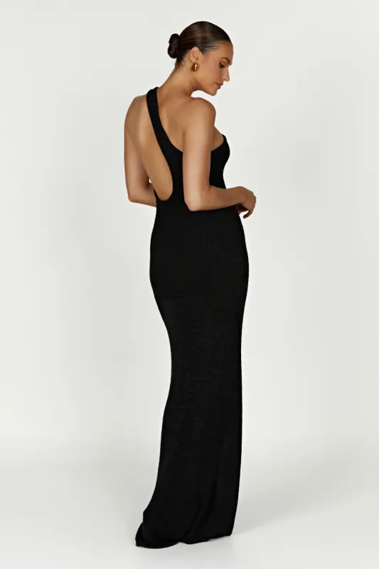 Woman wearing a black one-shoulder knit maxi dress — Meshki | Endless UAE
