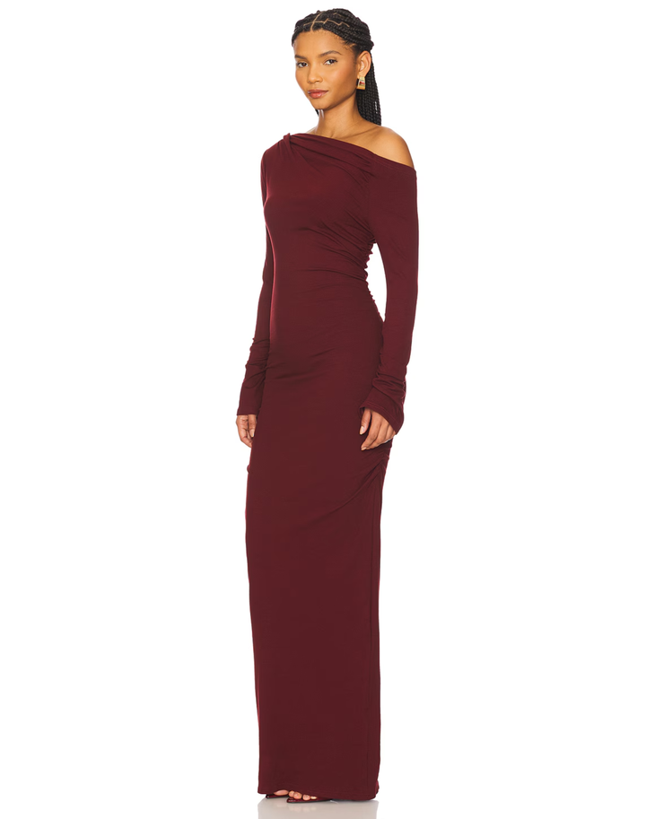 Woman wearing burgundy off-shoulder long-sleeve maxi dress — SNDYS x REVOLVE | Endless UAE