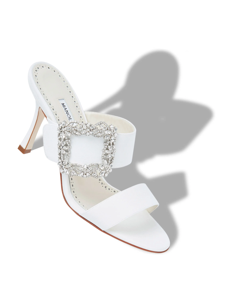 White Gable jewel buckle mules with crepe de chine upper and stiletto heel — Manolo Blahnik | Endless UAE