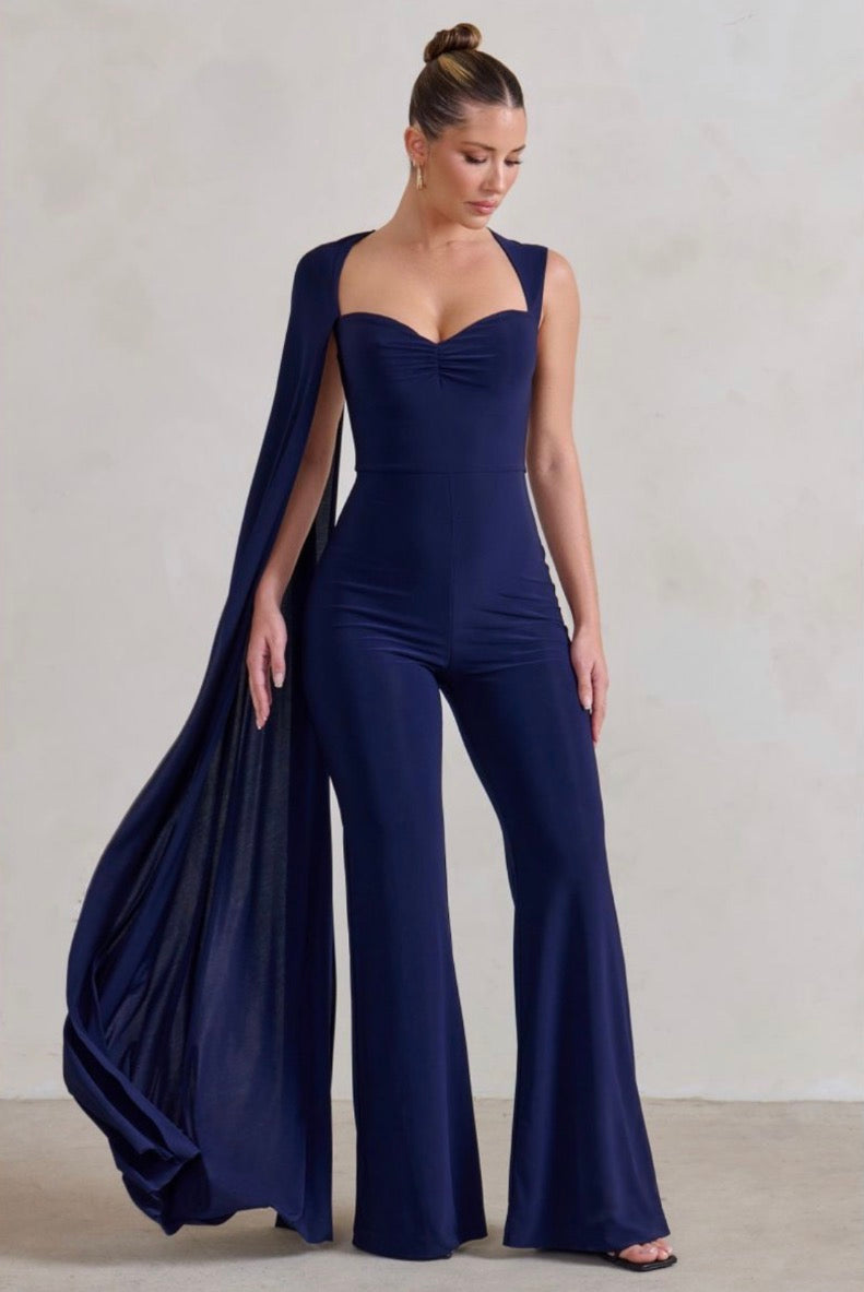 Navy asymmetric cape sleeve jumpsuit with sweetheart neckline and wide legs — Club L London | Endless UAE