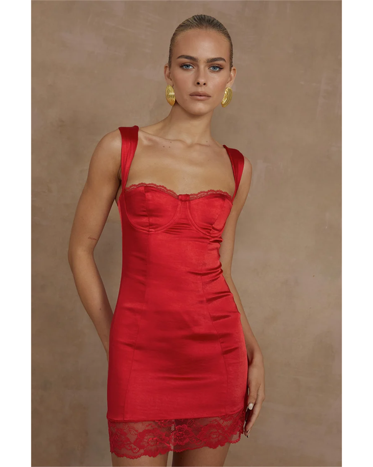 Red satin mini dress with sweetheart neckline and lace trim — Runaway The Label | Endless UAE