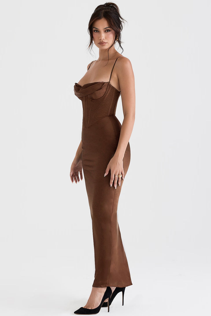 Chocolate corset maxi dress with sweetheart neckline and thin straps — House of CB | Endless UAE