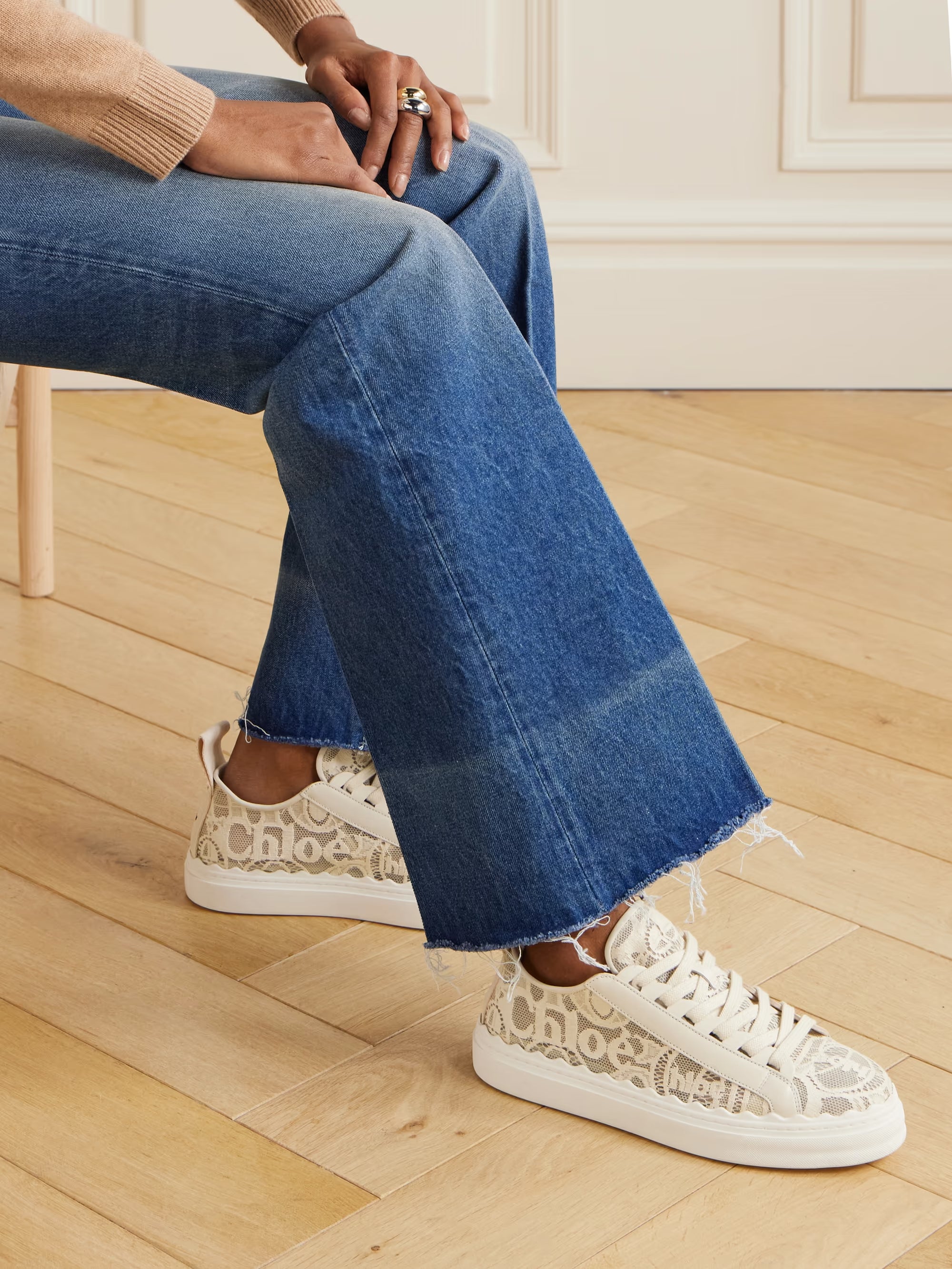 Lauren Scalloped Lace Sneakers in cream with leather trim and canvas details — Chloe | Endless UAE