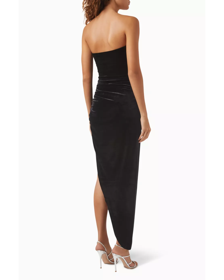 Black strapless velvet gown with draped side detail and asymmetrical hem — Norma Kamali | Endless UAE