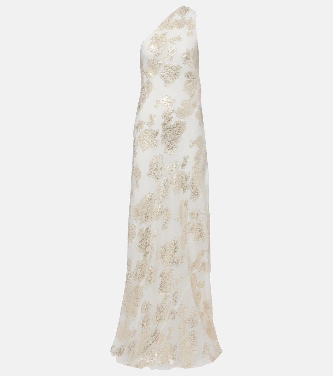 Ivory silk-blend lamé maxi dress with gold floral embroidery and one-shoulder neckline — Alexandra Miro | Endless UAE