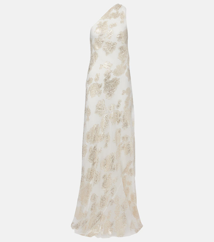 Ivory silk-blend lamé maxi dress with gold floral embroidery and one-shoulder neckline — Alexandra Miro | Endless UAE