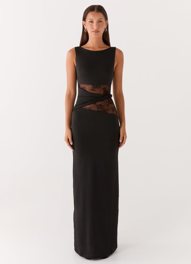 Black sleeveless maxi dress with sheer lace waist detail — Peppermayo | Endless UAE