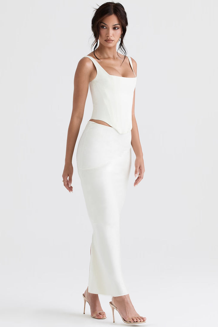 White satin bias cut midi skirt with cutout corset top — House of CB | Endless UAE
