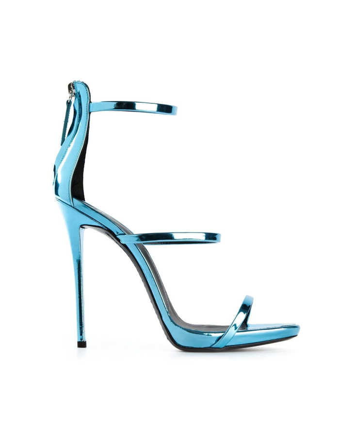 Metallic blue ankle-strap stiletto heels with glossy finish and black leather accents — Giuseppe Zanotti | Endless UAE