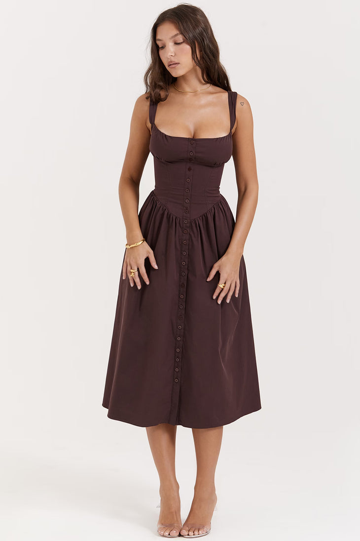 Woman wearing chocolate brown button-front midi sundress with square neckline — House of CB | Endless UAE