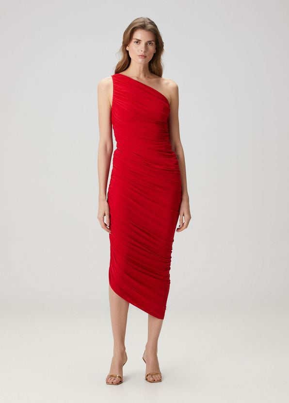 Woman wearing red one-shoulder ruched midi dress — Norma Kamali | Endless UAE