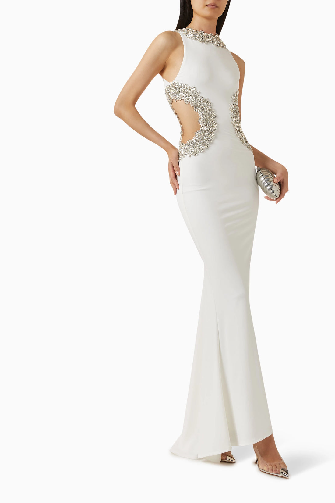 White sleeveless gown with rhinestone embellishments and side cutout details — Bronx & Banco | Endless UAE